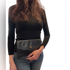 Hermes navy leather envelope clutch